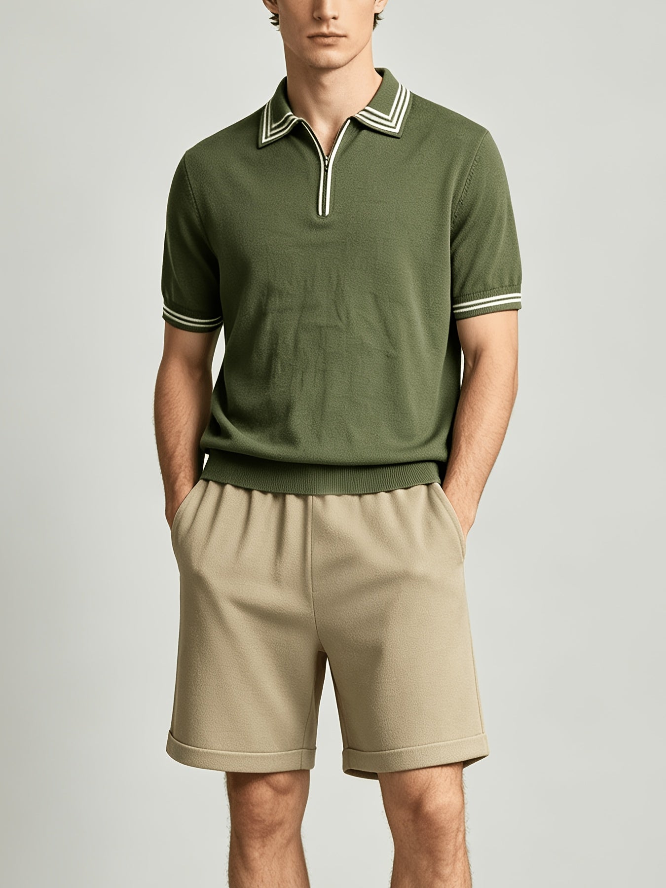 Men's Casual Striped Knit Polo & Lightweight Shorts Set
