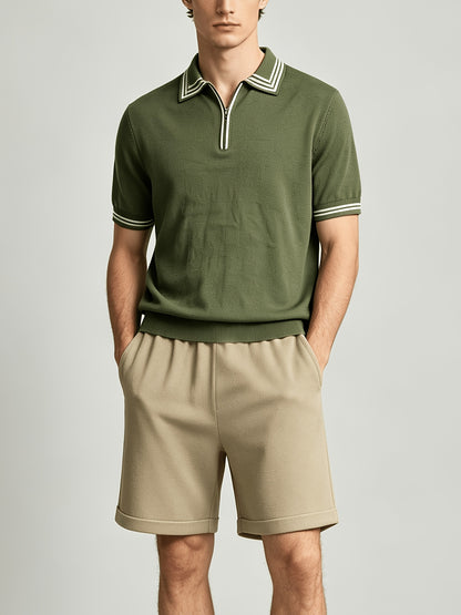 Men's Casual Striped Knit Polo & Lightweight Shorts Set