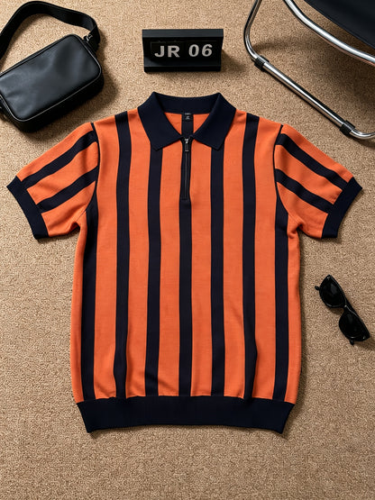 Men's Slim Fit Vertical Stripe Knit Polo with Half-Zip Collar