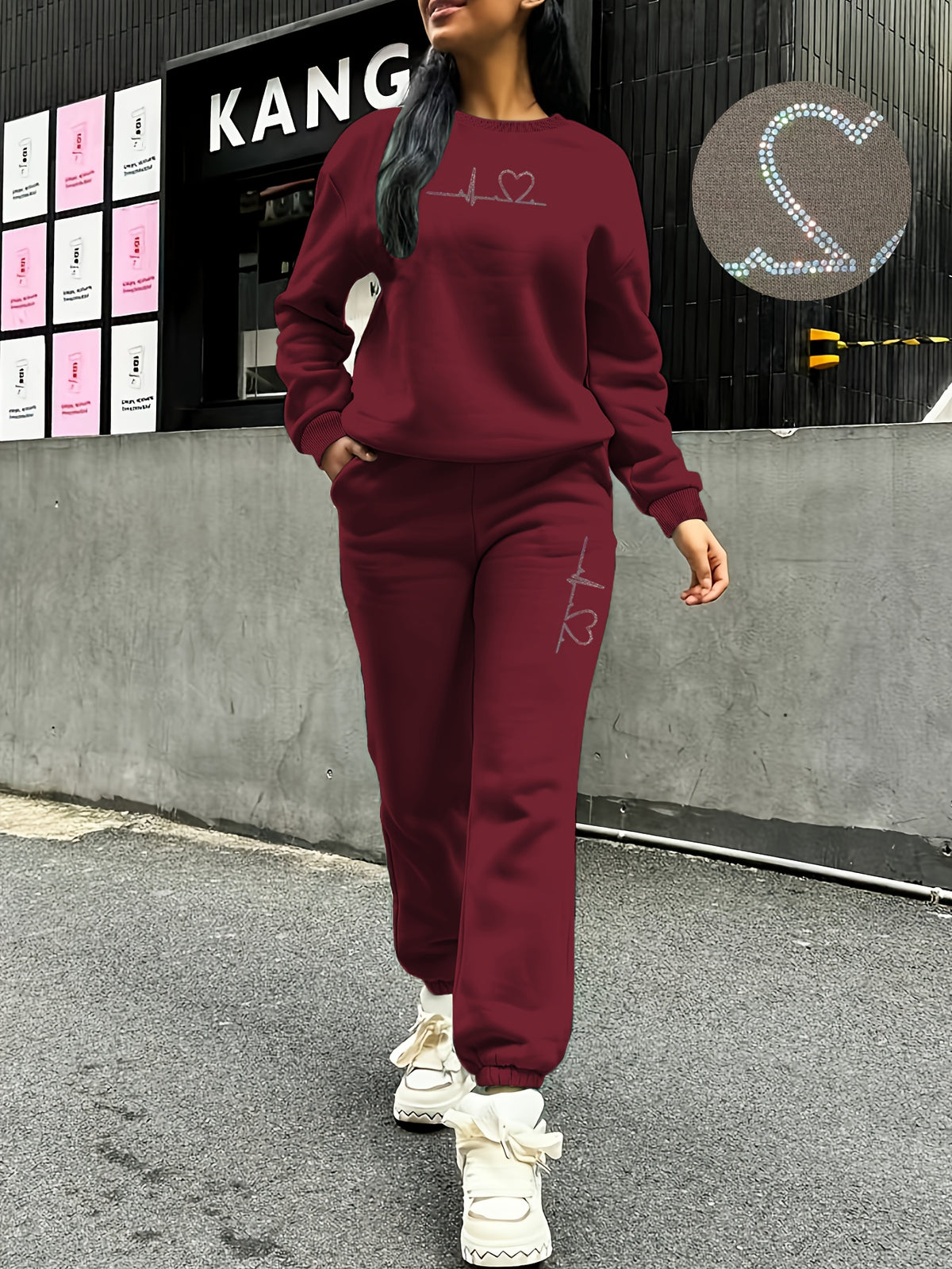 Women's Fleece Sweatsuit Set with Heart Print for Fall/Winter - ayq