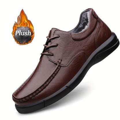 Men'S Winter Warm Fleece-Lined Ankle Boots - Genuine Leather Upper & Rubber Sole, Round Toe Lace-Up Snow Boots with Arch Support