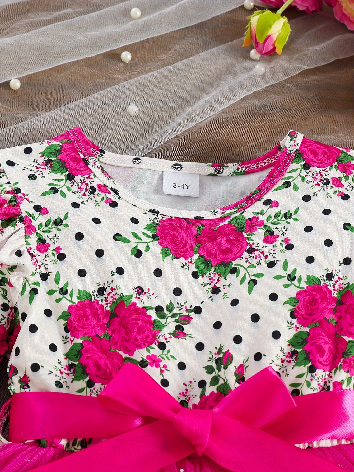 COVIVIKY Girls' Elegant Long Sleeve Party Dress with Puff Skirt & Sheer Panel - Knee-Length A-Line Wedding Prom Dress, Belted Waist Bow & Netting Trim, Hand Washable Winter Formal Gown for Girls (Age 4-12)