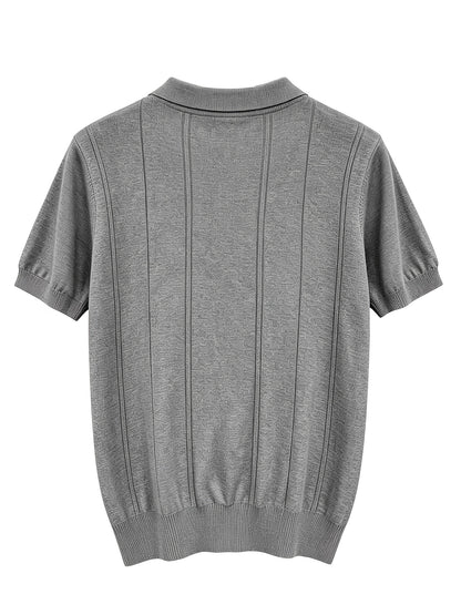 Men's Slim Fit Vertical Stripe Knit Polo Shirt with Lapel Collar