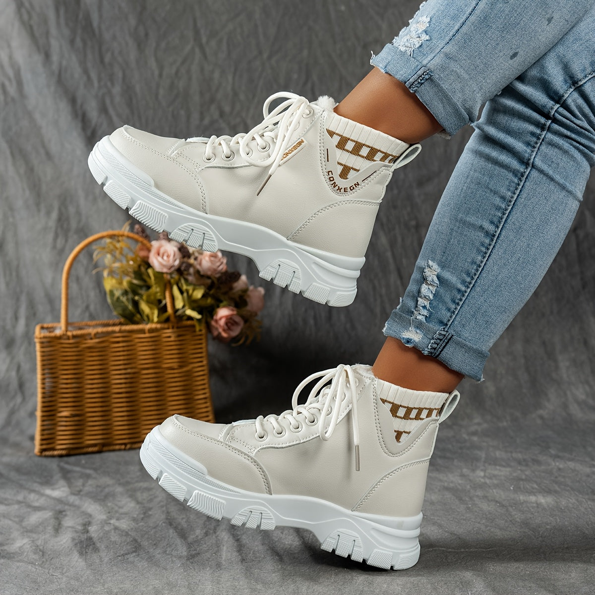 gfhfgjjfg Women's Casual High-Top Platform Ankle Boots with Lace-Up Closure, Thick Rubber Sole & Faux Cover Upper - Winter Warm Round Toe Boots for Casual Attire (Black/White/Beige), Comfortable Footwear, Durable Traction Foo