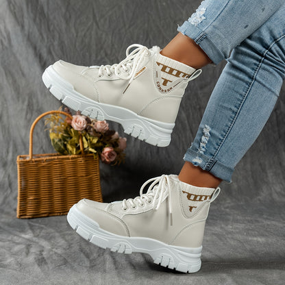 gfhfgjjfg Women's Casual High-Top Platform Ankle Boots with Lace-Up Closure, Thick Rubber Sole & Faux Cover Upper - Winter Warm Round Toe Boots for Casual Attire (Black/White/Beige), Comfortable Footwear, Durable Traction Foo