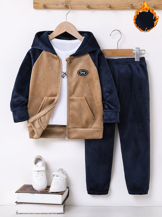 2pcs Boys' New Fashion Corduroy Fleece-Lined Hooded Zip-Up Jacket and Pants Set, Raglan Sleeve Color Block Design with Simple Patchwork, Stylish Thickened Sportswear for Outdoor Activities and Casual Attire, 100% Polyester St
