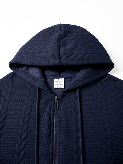 Men's Autumn Winter Hooded Textured Fleece Jacket with Zipper