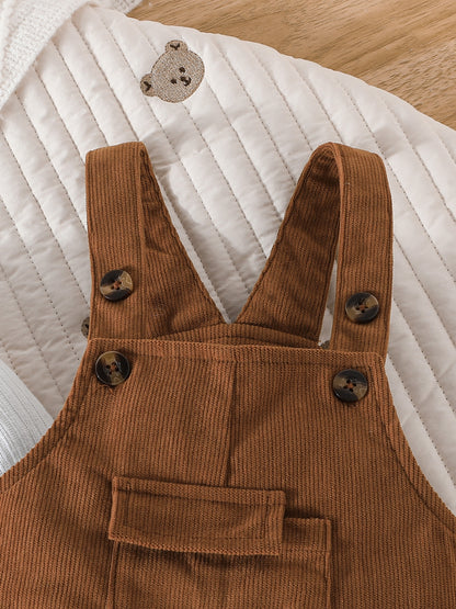 2pcs, Newborn Boy's Long Sleeves High Neck Bear Applique Top & Pocket Overalls Set For Leisure & Outdoor Activities, Meticulously Crafted For Fall And Winter, Outdoor Cloth