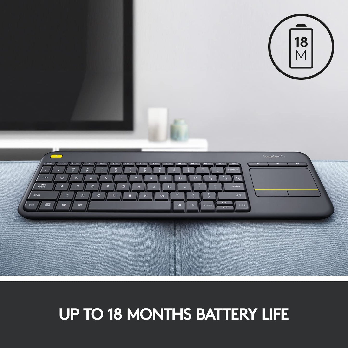 Logitech K400 plus Wireless Touch with Easy Media Control and Built-In Touchpad, HTPC Keyboard for Pc-Connected TV, Windows, Android, Chrome OS, Laptop, Tablet - Black