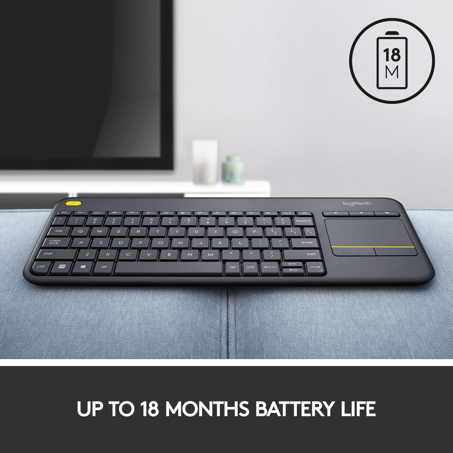 Logitech K400 plus Wireless Touch with Easy Media Control and Built-In Touchpad, HTPC Keyboard for Pc-Connected TV, Windows, Android, Chrome OS, Laptop, Tablet - Black