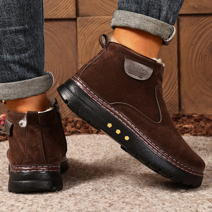 Men's Winter Ankle Boots - Slip-On Snow Boots with Fleece Lining & Thick PU Sole, Brown/Black - Slip-Resistant Traction Tread - Warm Thermal Boots for Ice, Snow, and Cold Weather - Ideal for Everyday, Formal, or winter activi
