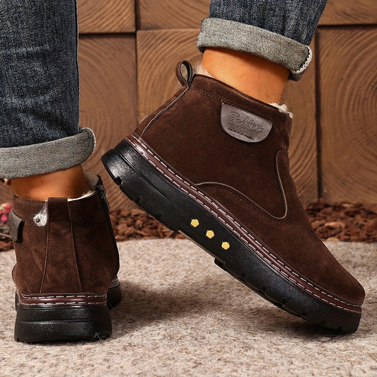 Men's Winter Ankle Boots - Slip-On Snow Boots with Fleece Lining & Thick PU Sole, Brown/Black - Slip-Resistant Traction Tread - Warm Thermal Boots for Ice, Snow, and Cold Weather - Ideal for Everyday, Formal, or winter activi