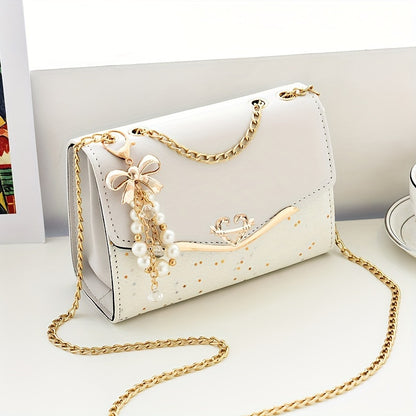 Elegant Women'S Sequin Chain Crossbody Bag - White Shoulder Purse with Golden-Tone Hardware & Decorative Pendant, Perfect for Festivals & Parties, Festival Shoulder Bag | Elegant Chain Strap | Decorative Pendant, Novelty Purs