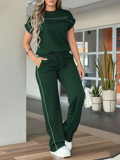 Elegant Women's Two-Piece Set with Round Neck Tee and Elastic Waist Pa