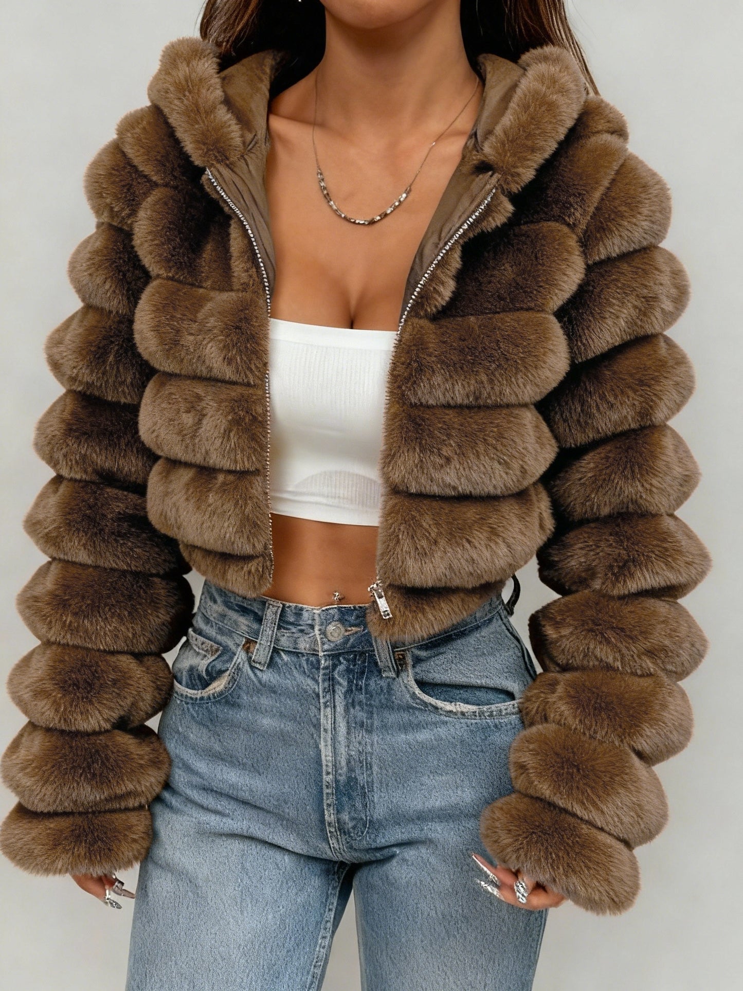 Elegant Women's Short Hooded Plush Coat for Fall/Winter