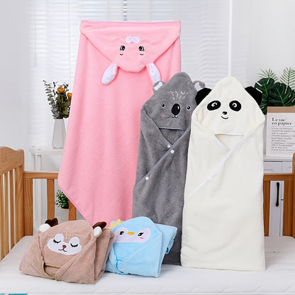 Ultra-Soft Coral Fleece Youngsters' Hooded Bath Towel with Cute Cartoon Animal Design - Super Absorbent & Skin-Friendly, Perfect for Swimming and Showering, Available in White/Blue/Pink/Black, Youngsters's Hooded Towel