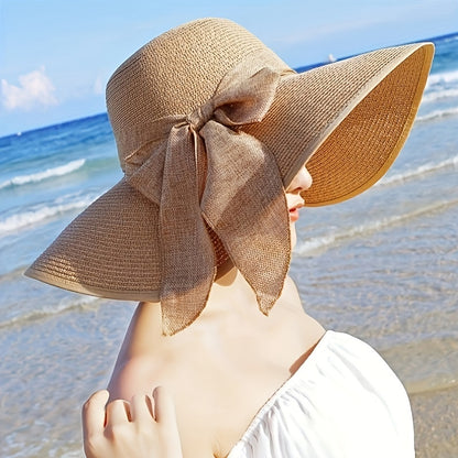 2pcs Women's Khaki Wave Beach Sun Hat & Woven Shoulder Bag Combo - Stylish Ruffled Brim Design, Lightweight & Breathable for Spring/Summer Beach Vacations and Outdoor Activities, Beach Accessories