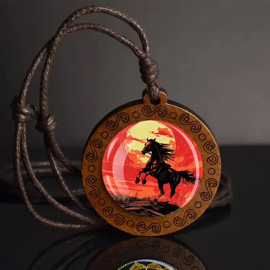 Red Moon Galloping Horse Wooden Pendant Necklace - Bohemian Style Adjustable Cord, Natural Wood Unisex Jewelry for Casual Attire & Holiday Gifts