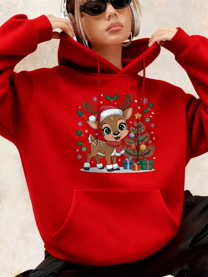 Women'S Christmas Hoodie - Thick Fleece-Lined Winter Sweatshirt with Deer & Snowflakes, Plaid Santa Hat Design, Cozy Casual Pullover for Holiday Party Outfits