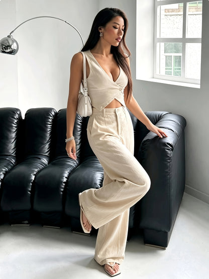 Women's Elegant Sleeveless V-Neck Cropped Vest & Pants Set