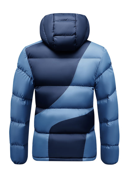 Men's Insulated Winter Jacket with Removable Hood & Thickened Lining - Dark Green/Black Color-Block Design, Zippered Pockets, Full-Zip Closure, Polyester Shell & Insulation for Casual Outdoor & Casual Attire - Cold Weather Co