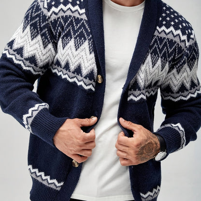 Men's Casual Geometric Pattern Cardigan Sweater - Navy Blue with White and Black Accents, Button-Up Collar, Machine Washable, Polyester for Fall/Winter