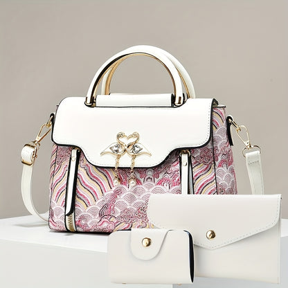 Կանացի պայուսակների հավաքածու՝ երեք հատից բաղկացած. տպագիր ուսի պայուսակներ, ոճային ձեռքի պայուսակներ և բազմակողմանի ուսապարկեր՝ մարմնին կպցնելու համար