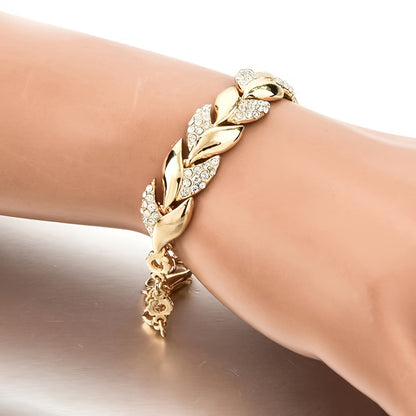 1pc Daily Banquet Jewelry, Golden Leaf Bracelet, Fashion Wedding Jewelry, Inlaid Faux Diamond Bracelet For Men Women