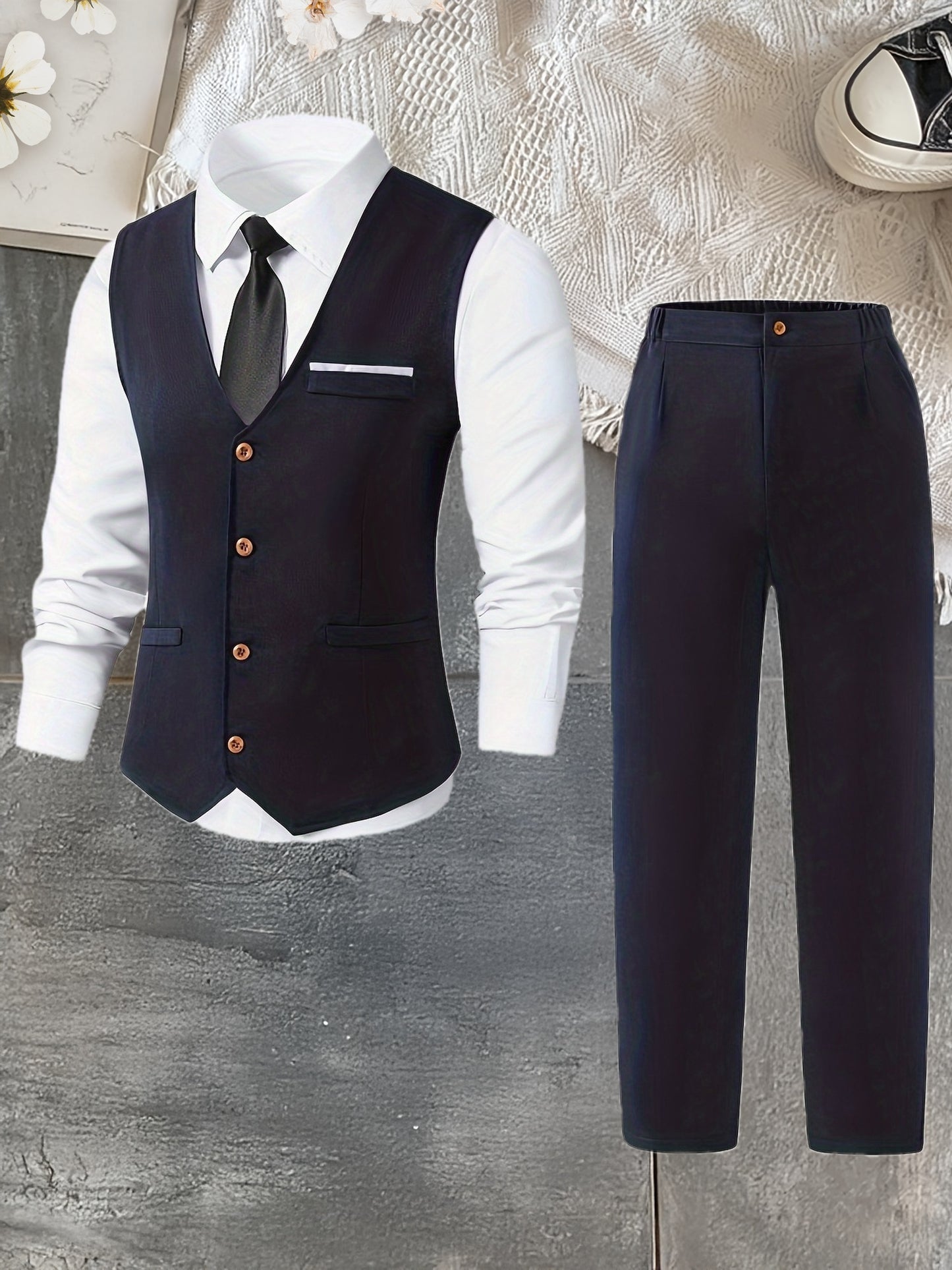Teen Boys Navy Blue Slim Fit Vest & Pants Suit Set