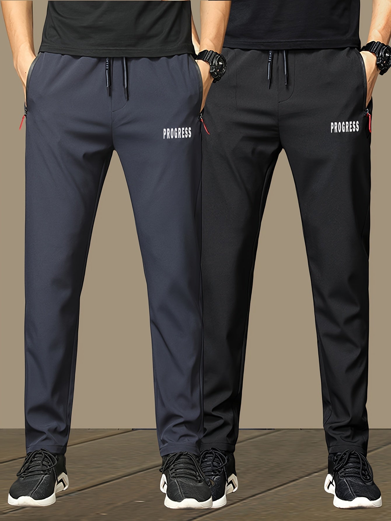 2pcs Men's Lightweight Joggers - Quick-Dry Breathable Polyester, Stylish "PRINCESS" Print with Drawstring Waist & Zipper Pockets, Black Casual Sweatpants for Casual Attire, Adjustable Comfort Pants | Stylish Print Joggers | S