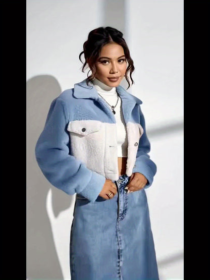 Women'S Elegant Color-Blocked Faux Fur Coat - Chic White & Light Blue Two-Tone Design, Long Sleeve Winter Coat with Belted Waist, Soft Warm Outerwear for Fall/Winter, Versatile Casual to Formal Wear, Ladies Winter Coats, Seas