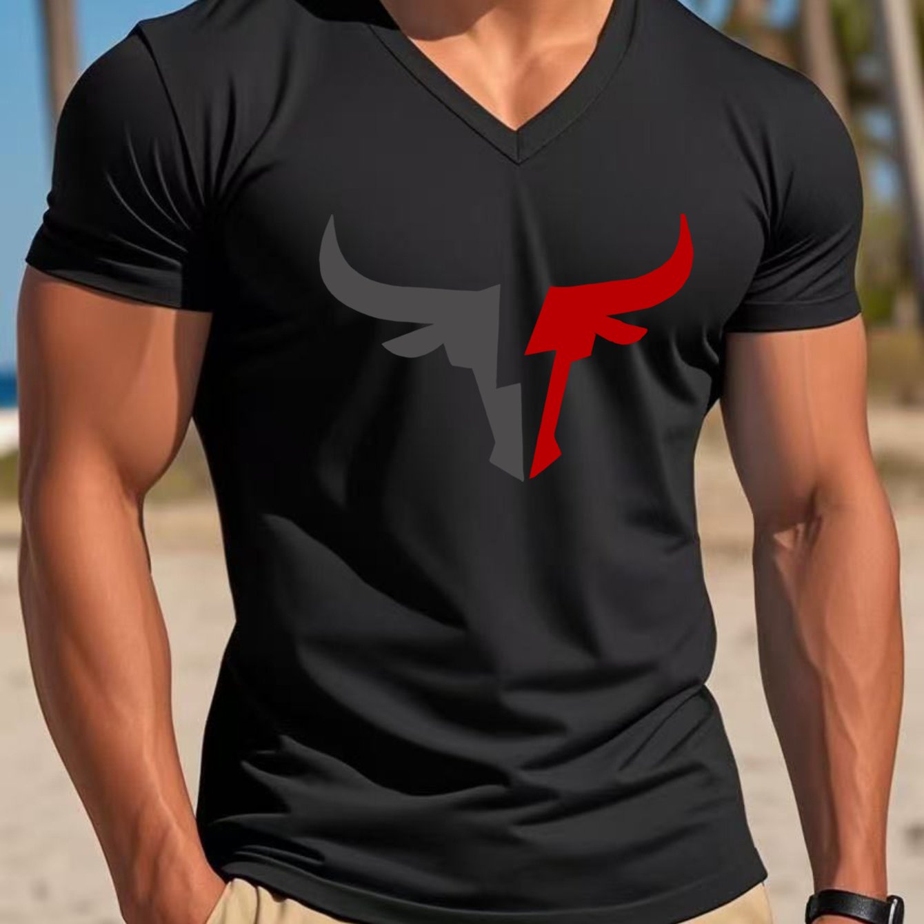Men's Casual V-Neck T-Shirt with Bold Head Graphic Print - White  Black Contrast Design, Breathable Regular Fit Short Sleeve Tee for Spring Summer Casual Wear, Quality Fabric Shirt