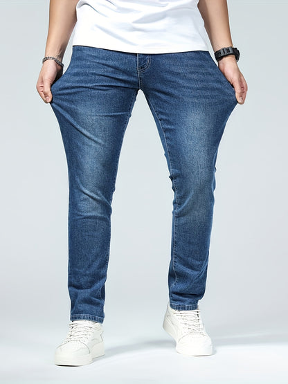 Premium Casual Men'S Jeans with a Slim Fit, Suitable for Light Business Wear, Featuring Stretchy Fabric And a Stylish Blue Wash.