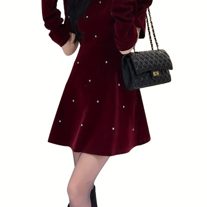 Women'S Elegant French Dress - Chic Office to Party Outfit, Back Zipper Closure, Flattering Fit for Fall/Winter, Everyday & Formal Events - Women'S Dresses for Women, Winter Fashion, Rhinestone Embellishment, Comfortable Fabr