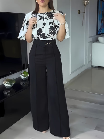 ZD0410952 Women's Printed Spring/Summer Elegant Commuter Casual Shirt 2pcs Set