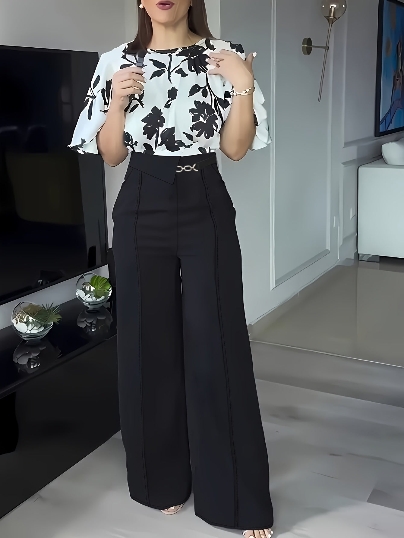 Women's Elegant Floral Print Casual Shirt Set for Spring/Summer