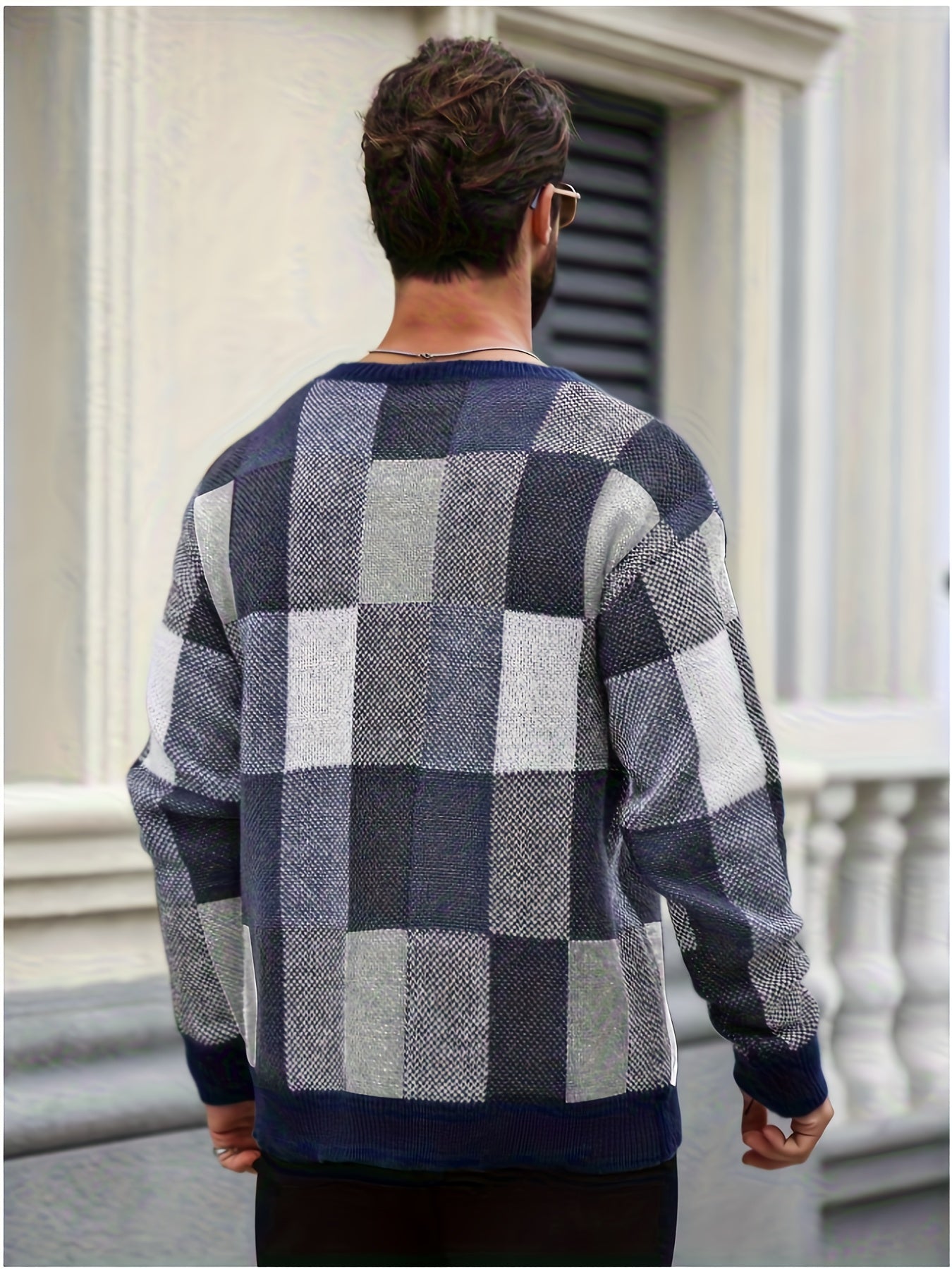 Men'S Casual Plaid Crew Neck Knit Sweater | Loose Fit, Long Sleeve, Fashionable Color Block Design, Suitable for Fall/Winter