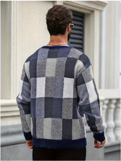 Men'S Casual Plaid Crew Neck Knit Sweater | Loose Fit, Long Sleeve, Fashionable Color Block Design, Suitable for Fall/Winter
