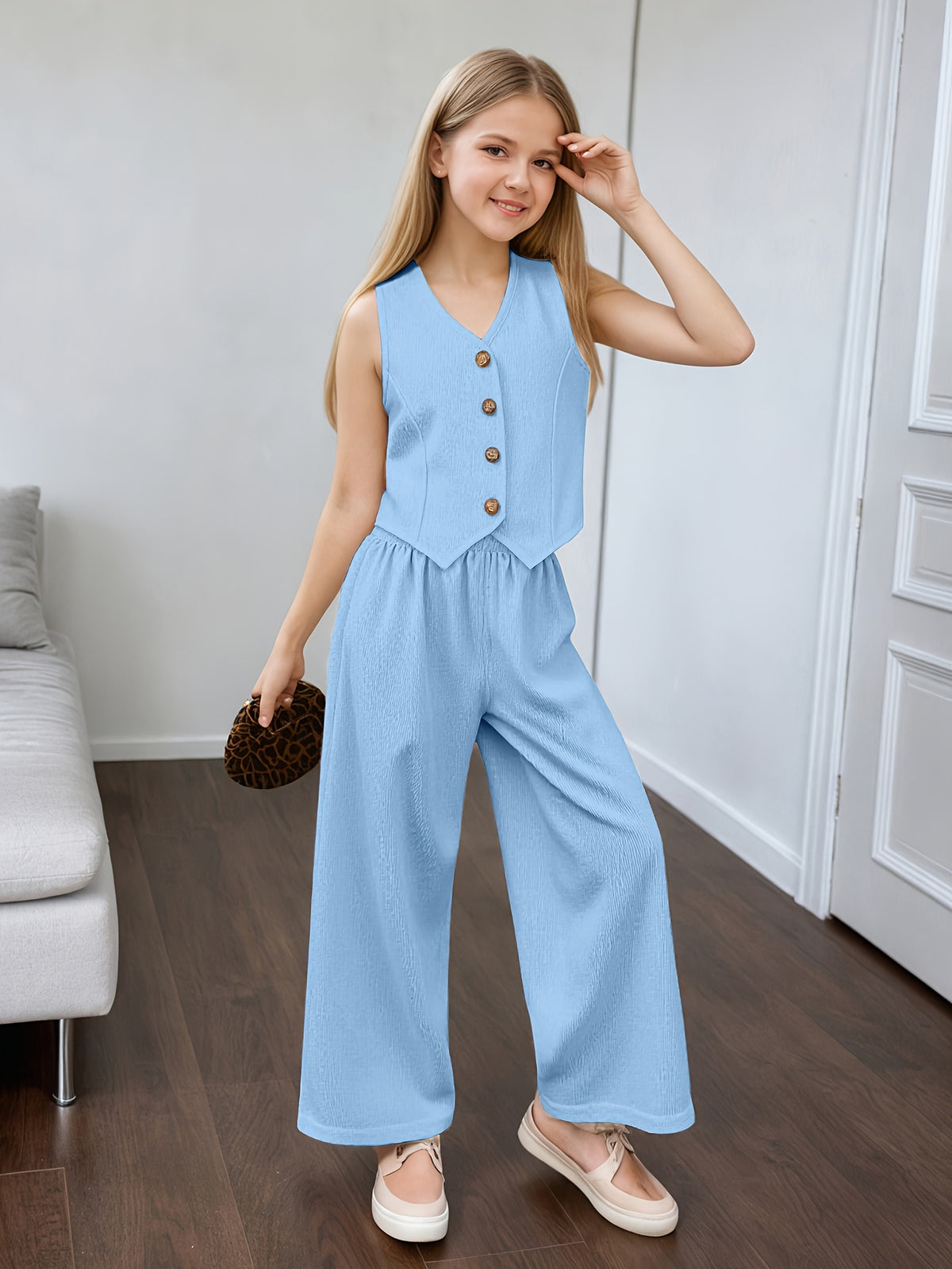 Girls' Summer Casual Set: Vest and Wide-Leg Pants Outfit