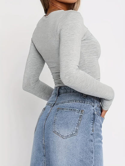 Women's Y2K Style Solid Color Crew Neck Long Sleeve T-Shirt, Polyester Knit Fabric, Skinny Fit, Short Length Pullover for Spring/Fall, Ladies T Shirts