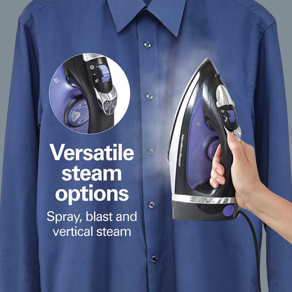 Hamilton Beach Steam Iron for Clothes & Garment Steamer with Smooth Press Stainless Steel Soleplate, 1200 Watts, 8’ Retractable Cord, Black (14214)