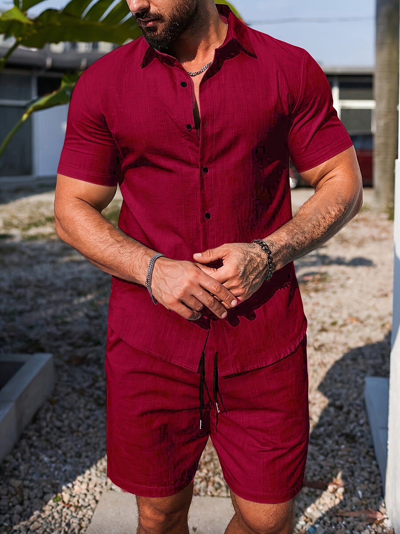 Men's Casual Summer Solid Short Sleeve Shirt & Shorts Set