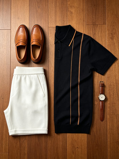 Men's Contrast Knit Polo & Loose Waist Shorts Set, Casual Fit