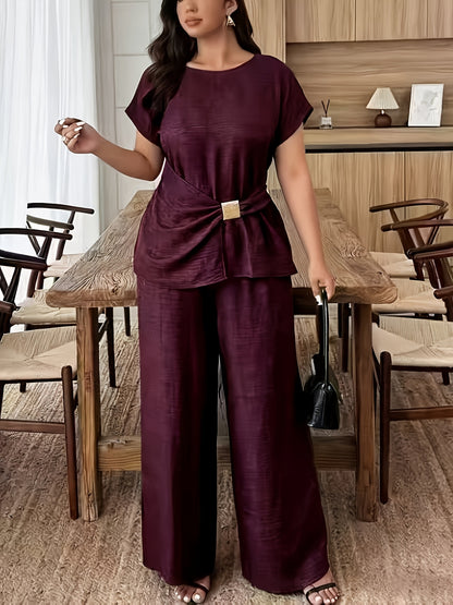 Plus Size Women's Tummy Control Top with Straight Leg Pants