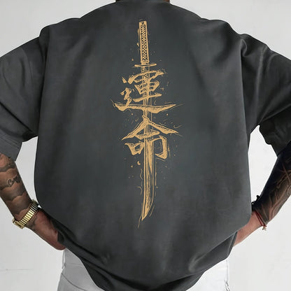 Men'S Japanese Samurai Sword Graphic T-Shirt - Casual Loose Fit Crew Neck, Short Sleeve Tee with Red Stylized Japanese Katanas Design, Breathable Polyester for Spring  Summer Outdoor Wear