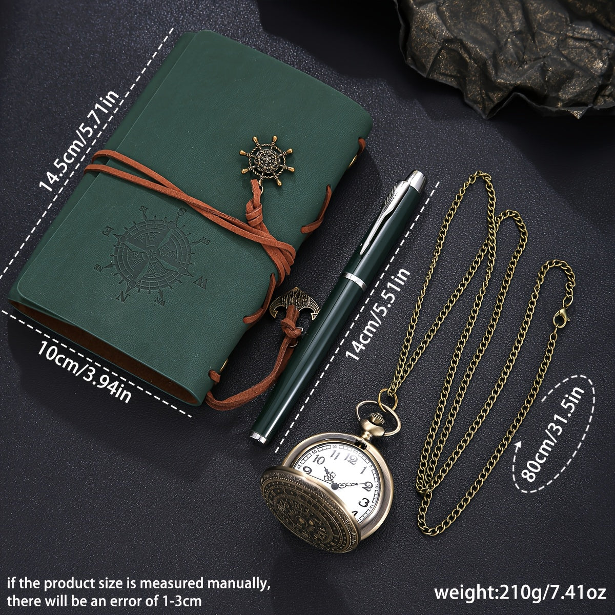 3pcs Men's classic retro style quartz pocket watch + pirate elements diary writing pen gift box set The best choice for holiday birthday gifts