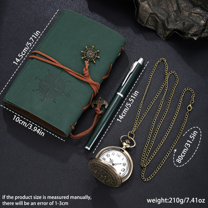 3pcs Men's classic retro style quartz pocket watch + pirate elements diary writing pen gift box set The best choice for holiday birthday gifts