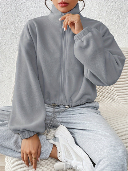 Women'S Casual Zippered Front Drawstring Hem Jacket - High-Neck Long Sleeve with Pockets, All-Season Comfort, Machine Washable, Versatile for Casual Attire, Casual Wear Jacket | Highneck Jacket | Zippered Jacket