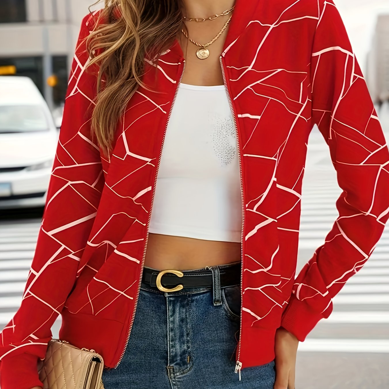 Women's Elegant Black & White Geometric Print Full-Zip Jacket - Casual to Formal Outerwear, Machine Washable Long Sleeve Coat with Full-Zip Front, Relaxed Fit Tapered Hem & Structured Collar for Spring Summer Fall, Casual to