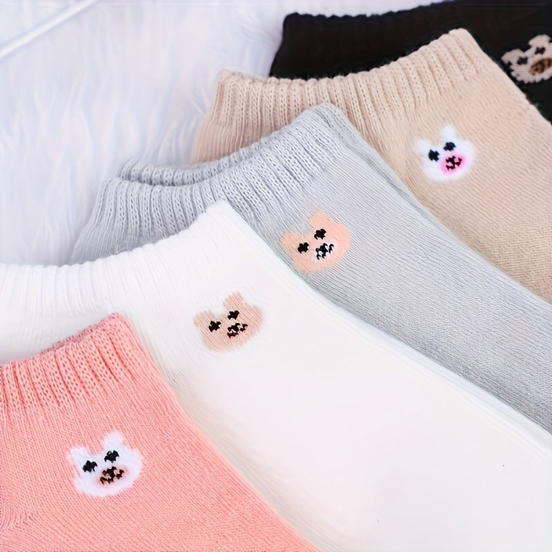 5 Pairs Women'S Cute Bear Animal Print Casual Breathable Sweat-Absorbent Low Cut Short Socks, 98% Polyester 2% Spandex, Knit Fabric, 290g/m² - Fashionable and Comfortable